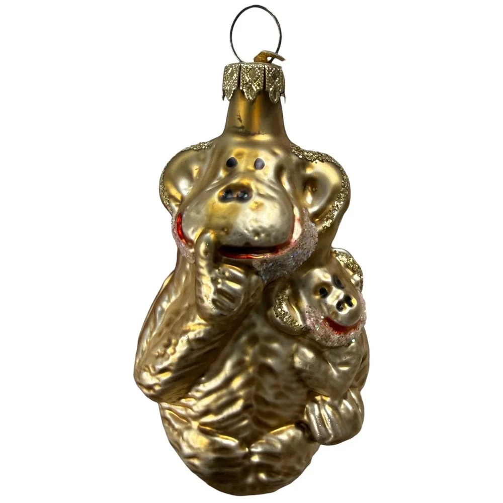 Discovery Store Gold Monkey Holding Baby Glass Ornament Christmas Tree Decor